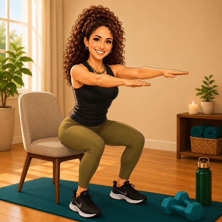 Heather demonstrating a chair squat for women over 40