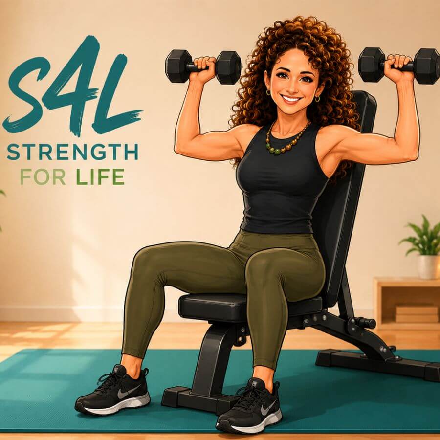 Heather demonstrating a beginner dumbbell shoulder press
