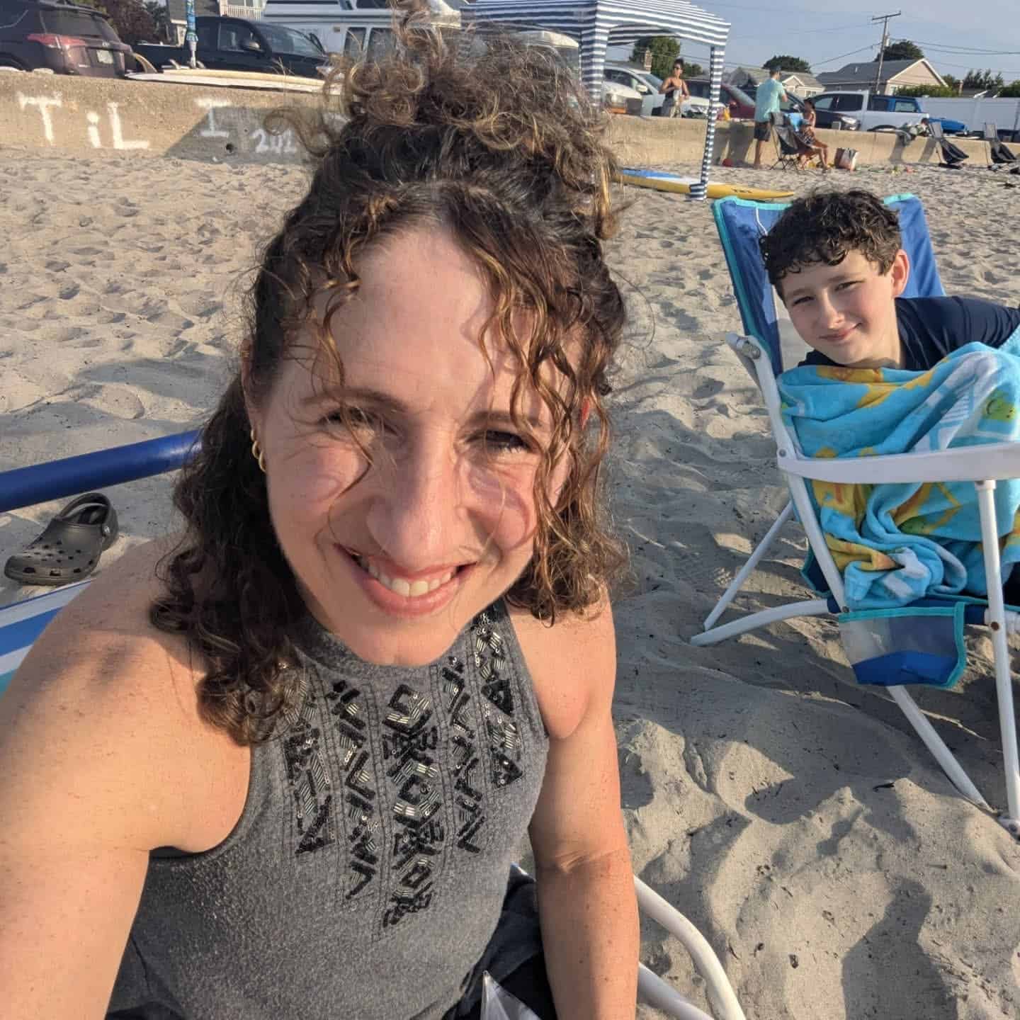 Heather at the beach with her son