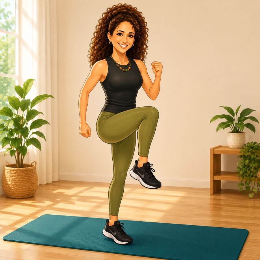 Woman doing standing marches as part of a home bodyweight workout