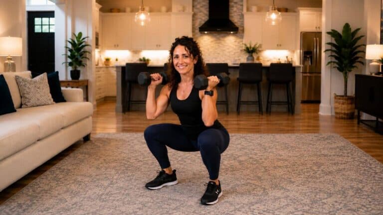 Woman performing a dumbbell exercise during a home strength workout.