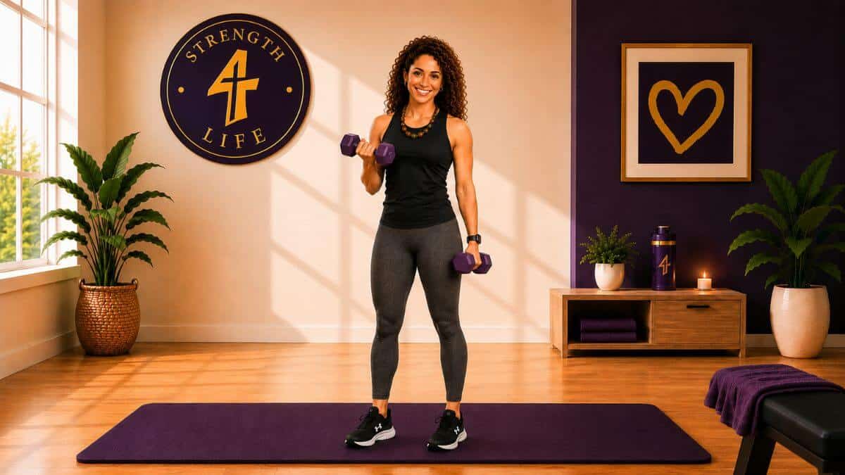 Woman performing a beginner-friendly strength training exercise at home.
