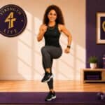 Woman over 40 doing strength training at home with dumbbells and walking shoes nearby