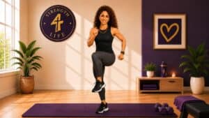Woman over 40 doing strength training at home with dumbbells and walking shoes nearby