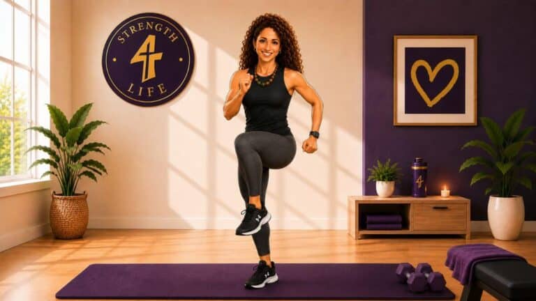 Woman over 40 doing strength training at home with dumbbells and walking shoes nearby