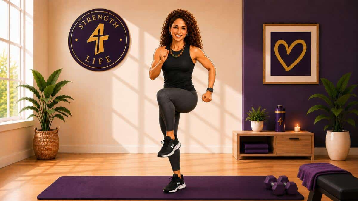 Woman over 40 doing strength training at home with dumbbells and walking shoes nearby