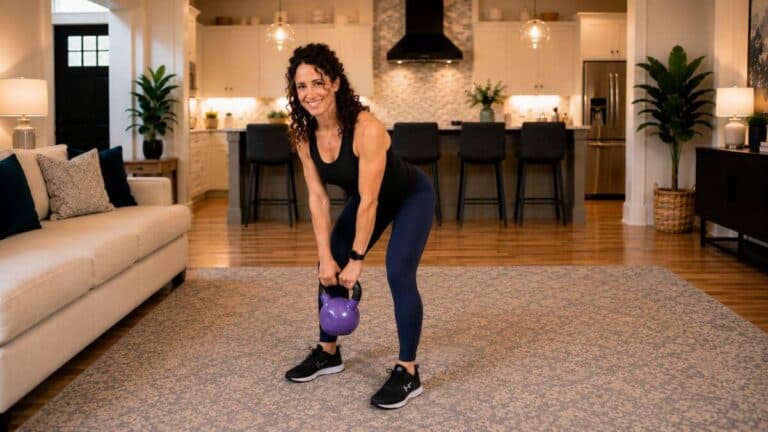 Woman performing a beginner-friendly strength training exercise at home.
