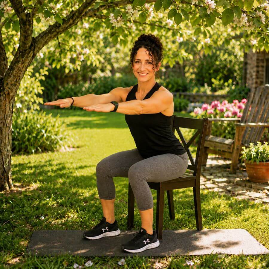 Heather demonstrating beginner chair squats for women
