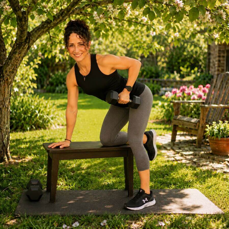 Woman over 40 using dumbbells during a home strength workout